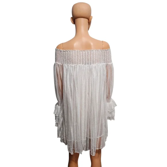 CQ by CQ Lace White Off-Shoulder Ruffle Bell Sleeve Romantic Mini Dress Sz M - Picture 3 of 8